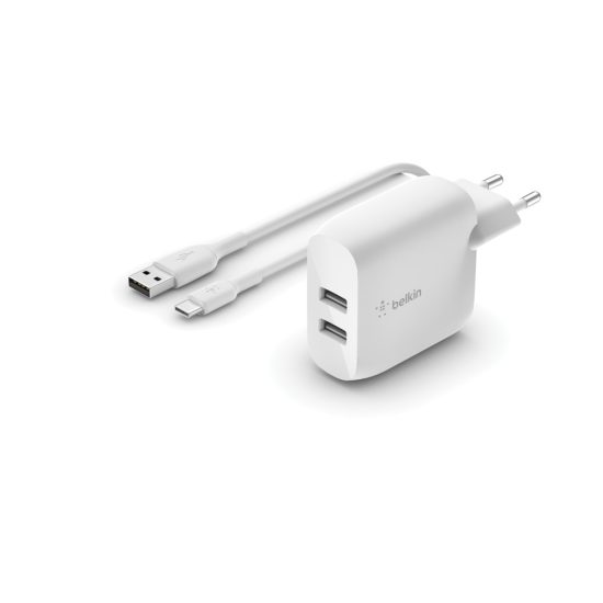 Belkin BoostCharge 24W Dual USB-A PD 3.0 PPS Wall Charger with USB-C Cable - White