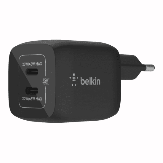 Belkin BoostCharge Pro Dual 45W USB-C GaN Wall Charger with PPS Black