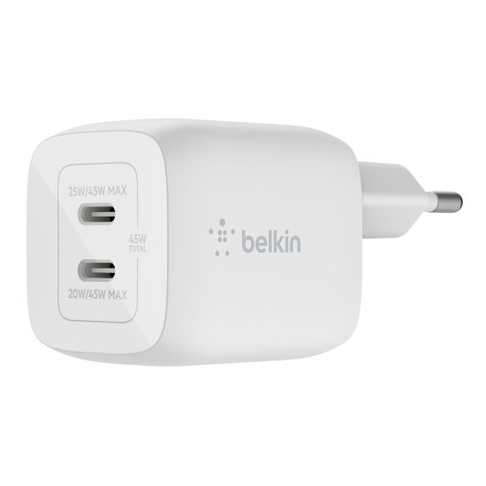 Belkin BoostCharge Pro Dual 45W USB-C GaN Wall Charger with PPS White