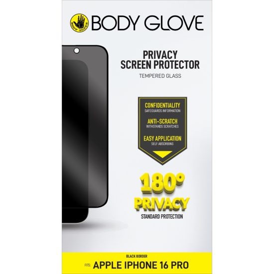 Body Glove Privacy Tempered Glass Screen Protector – Apple iPhone 16 Pro – Black Border