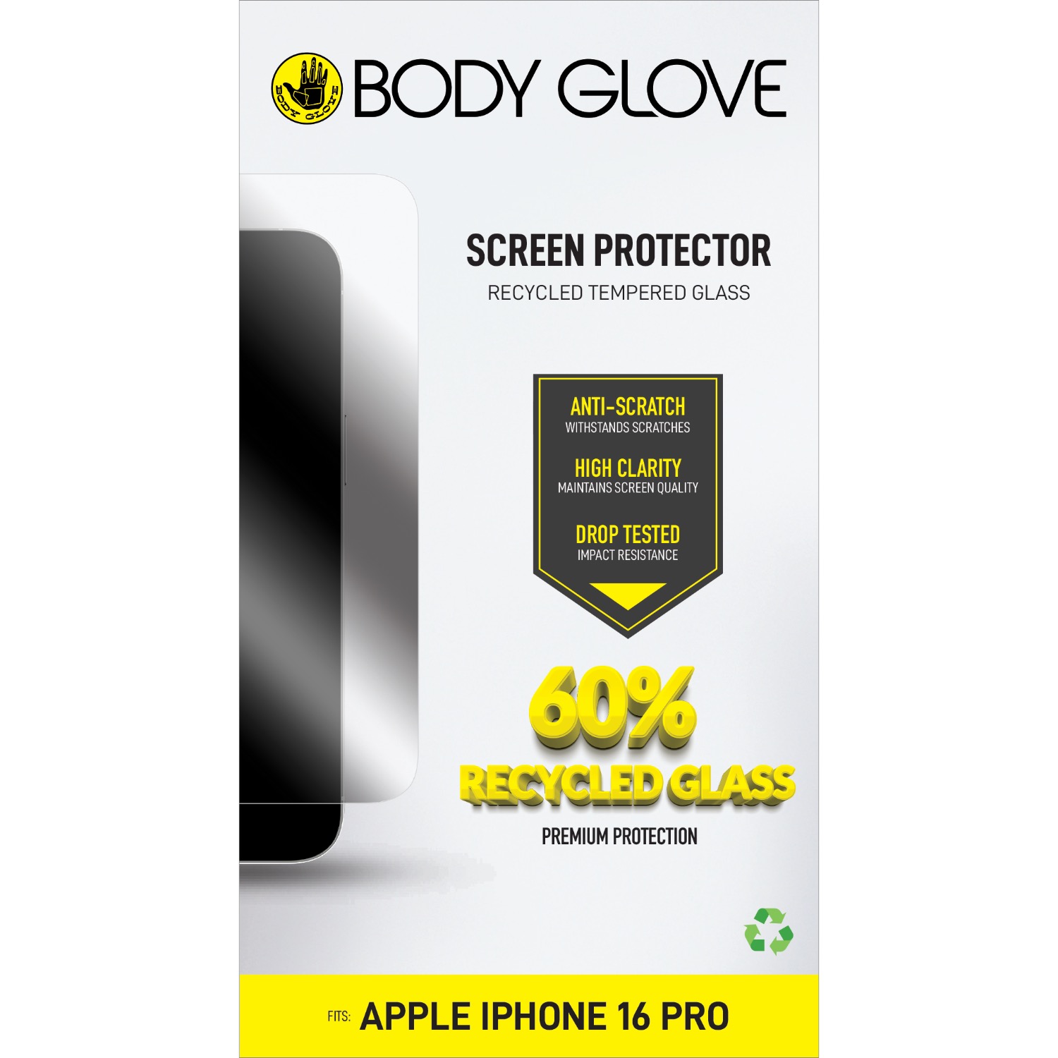 Body Glove Recycled Tempered Glass Screen Protector – Apple iPhone 16 Pro – Clear