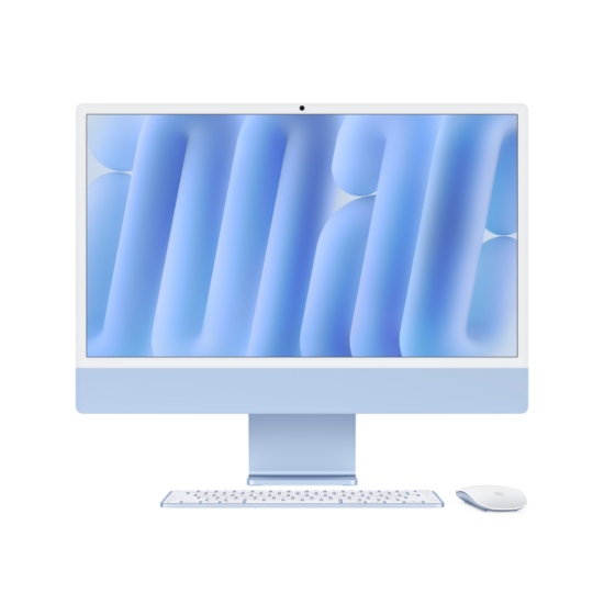 24-inch iMac with Retina 4.5K display: Apple M4 chip with 10‑core CPU and 10‑core GPU, 16GB, SSD - Blue - Includes 2 Year Extended Warranty (FREE) - front view with included keyboard and mouse