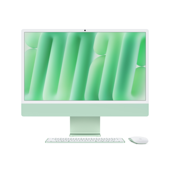 24-inch iMac with Retina 4.5K display: Apple M4 chip with 10‑core CPU and 10‑core GPU, 16GB, SSD - Green - Includes 2 Year Extended Warranty (FREE) - front view with included keyboard and mouse