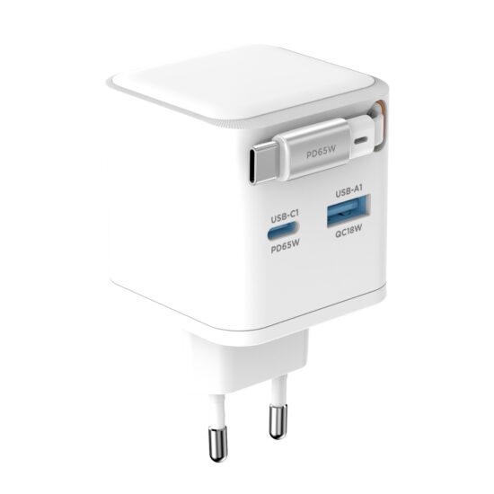 Snug 2 Port PD/USB Charger With Retractable Cable – 65W – White — Charger front angled view