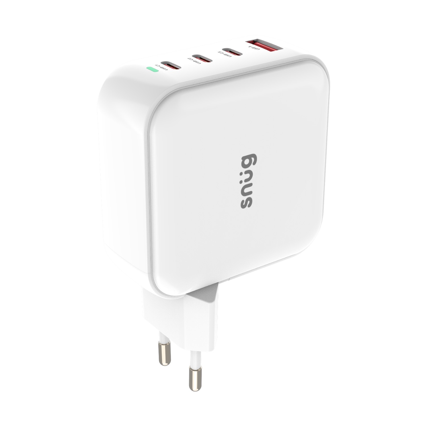 Snug 4 Port PD GaN Wall Charger 100W – White — Charger front angled view