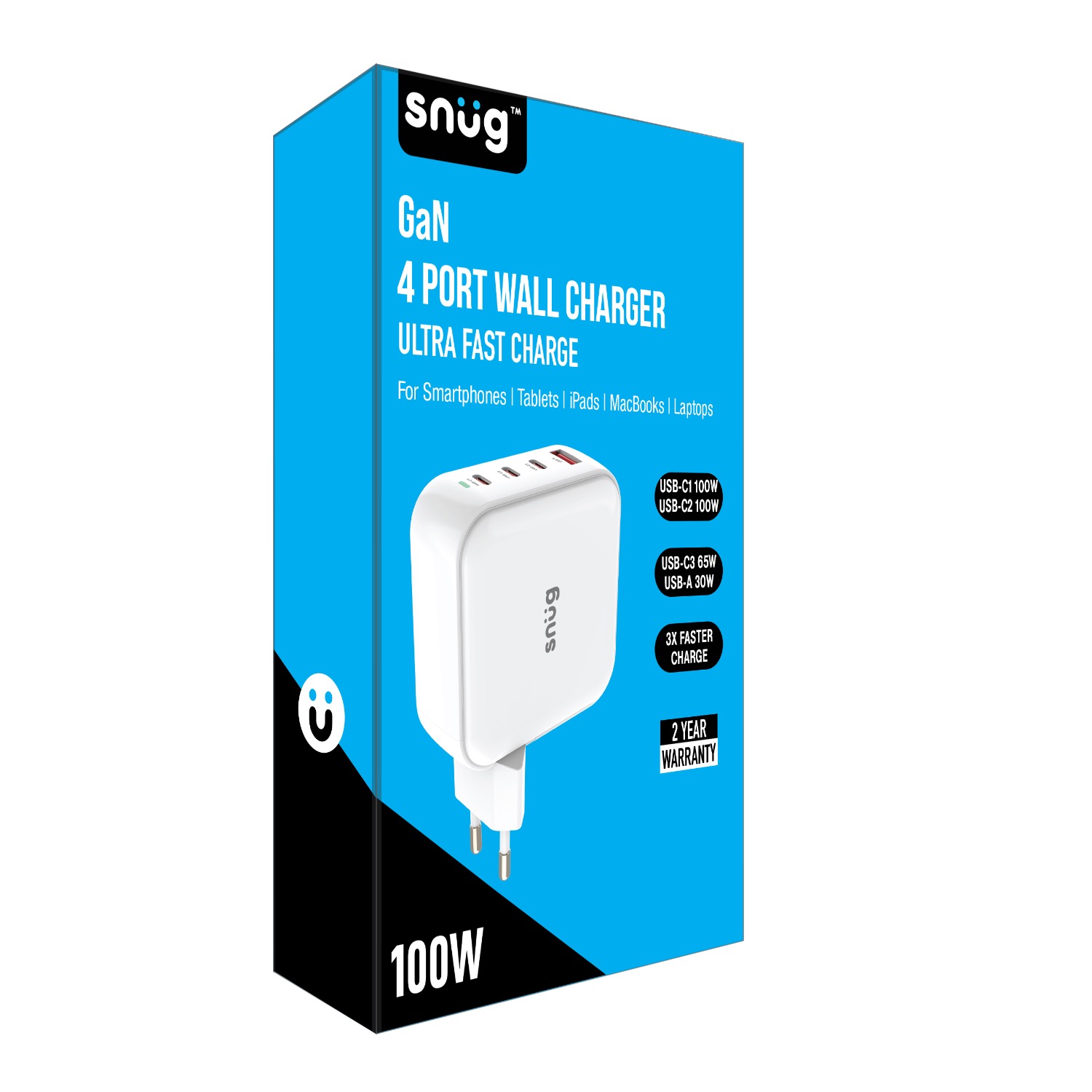 Snug 4 Port PD GaN Wall Charger 100W – White — Retail package