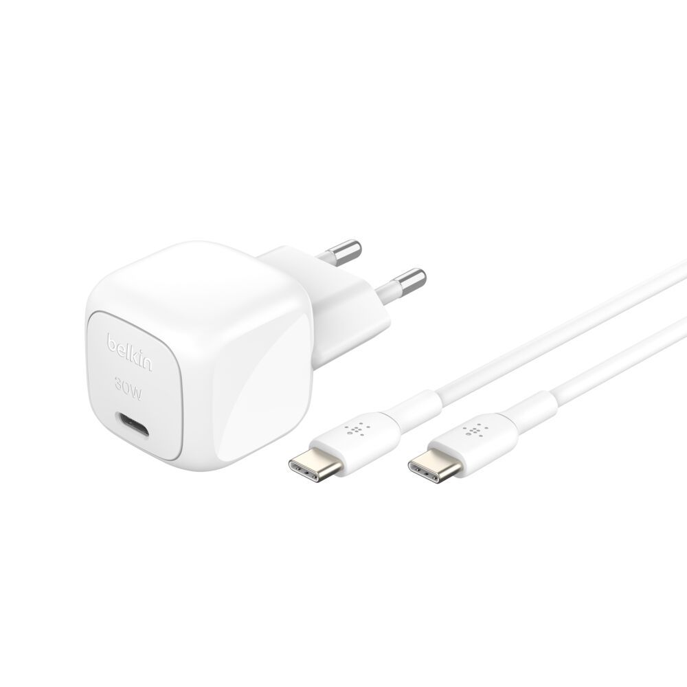 Belkin Boostcharge 30W USB-C Wall Charger with USB-C Cable White — Front, complete product