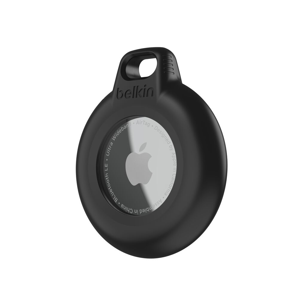 Belkin Waterproof Secure Holder with Key Ring for AirTag Black 4-pack — Individual holder detail from four-pack; AirTag shown for fit, sold separately