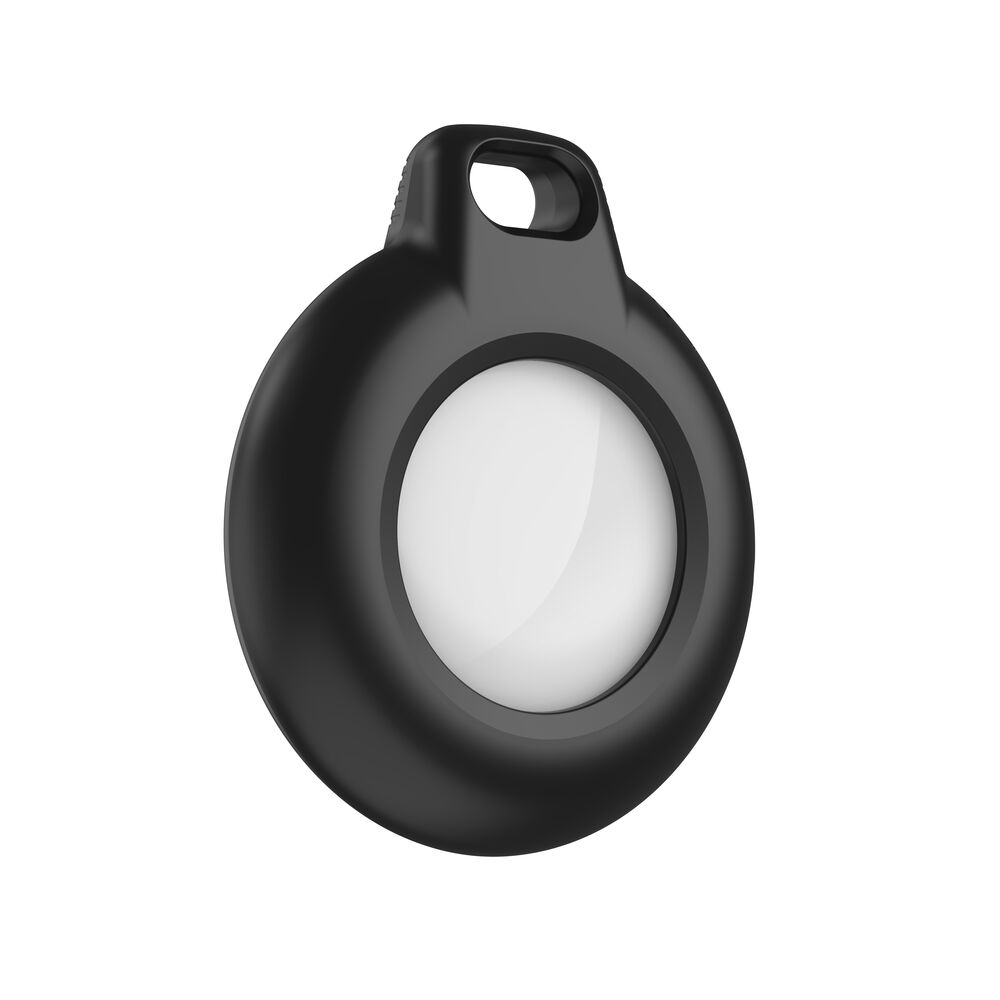Belkin Waterproof Secure Holder with Key Ring for AirTag Black 4-pack — Individual holder detail from four-pack; AirTag shown for fit, sold separately