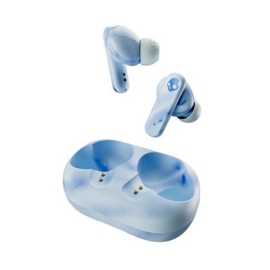 EcoBuds™ True Wireless Earbuds-Glacier — Earbuds and charging dock angled view