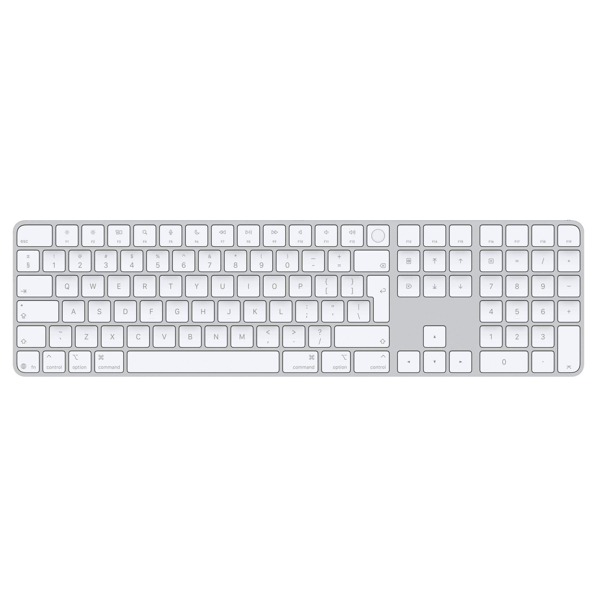 Magic Keyboard with Touch ID and Numeric Keypad for Mac models with Apple silicon - International English - White Keys,Model A3119 — Magic Keyboard with Touch ID and Numeric Keypad, whitekeys, silver aluminium structure, round Touch ID sensor, full-height function keys