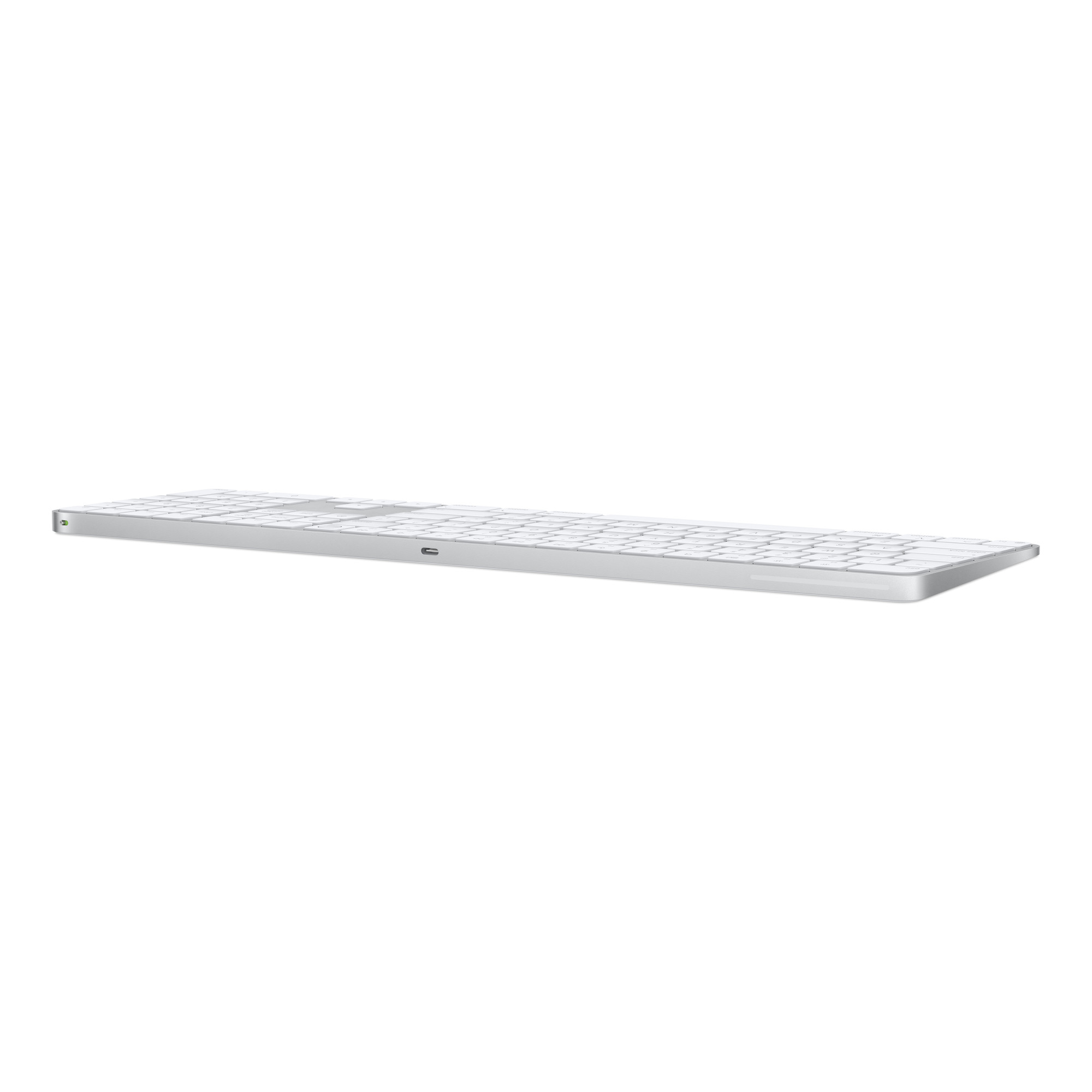 Magic Keyboard with Touch ID and Numeric Keypad for Mac models with Apple silicon - International English - White Keys,Model A3119 — Magic Keyboard with Touch ID and Numeric Keypad, back with power switch and USB-C charging port, white keys, silver aluminium structure, round Touch ID sensor