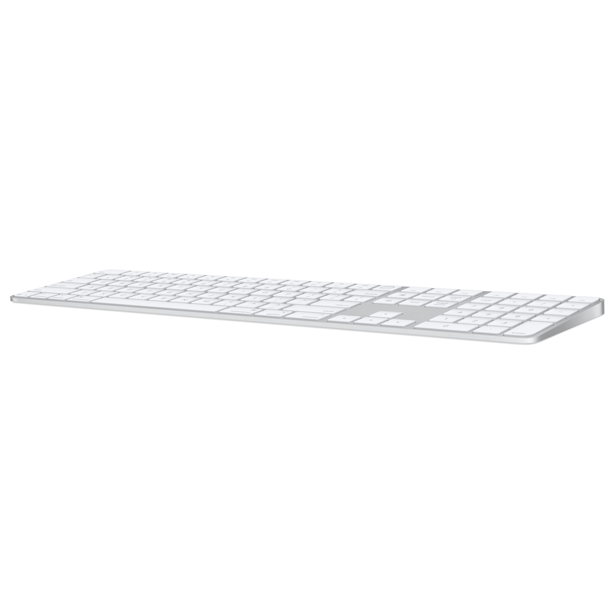 Magic Keyboard with Touch ID and Numeric Keypad for Mac models with Apple silicon - International English - White Keys,Model A3119 — Magic Keyboard with Touch ID and Numeric Keypad, angle showing slight slope of keyboard, white keys, silver aluminium structure, round Touch ID sensor, full-height function keys, half-height up and down arrow keys