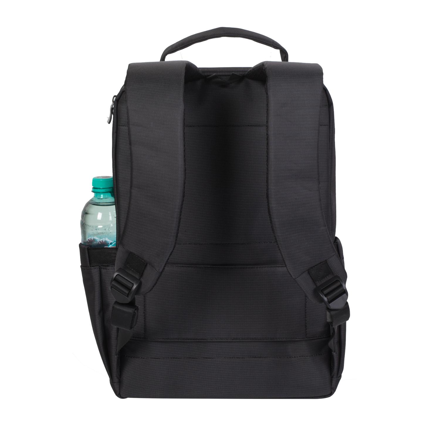 RIVACASE 8262 Central Laptop Backpack 15.6-inch – Black — Backpack rear; bottle shown for pocket fit and excluded