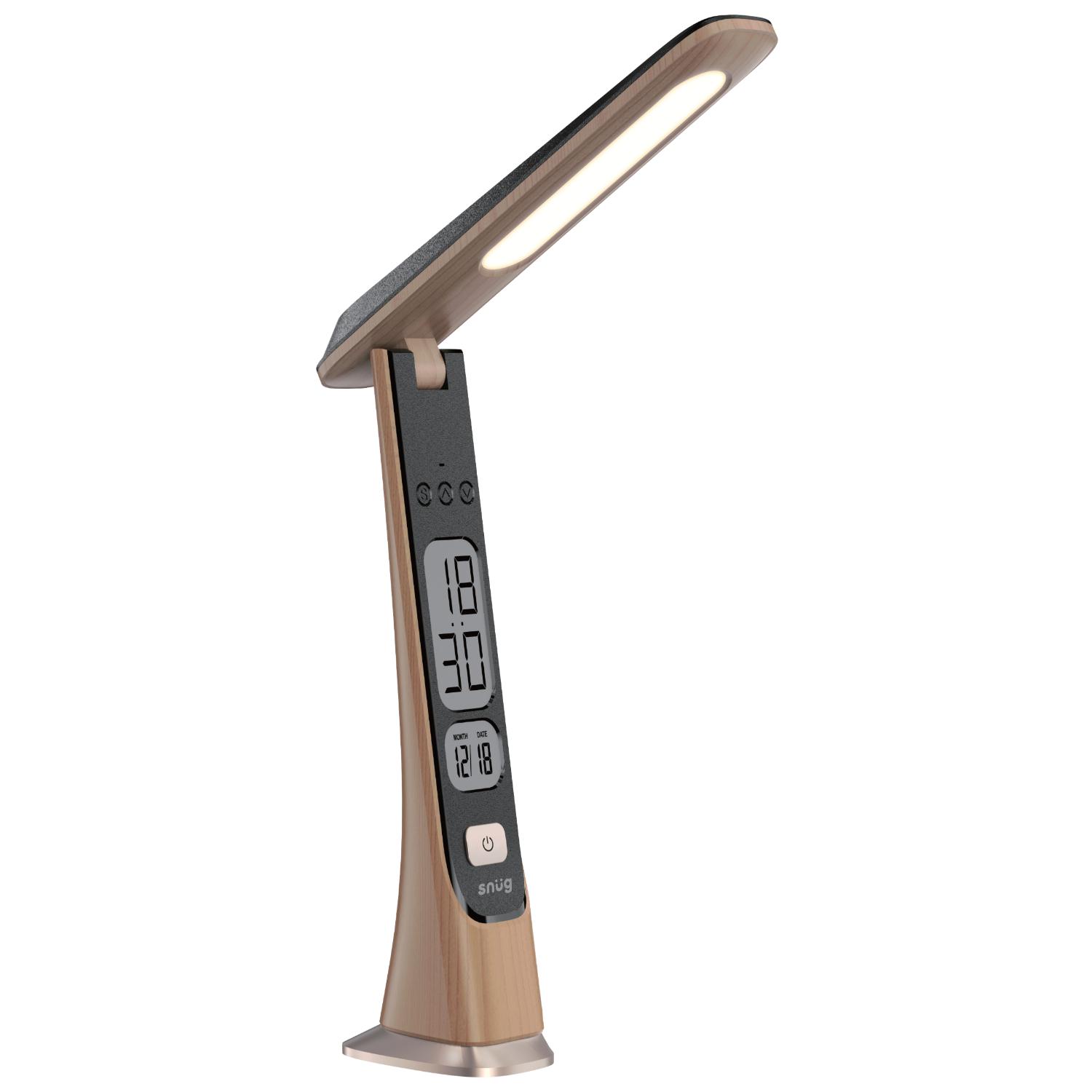 Snug LED Desk Lamp With Clock - Wood — Desk lamp front angled view