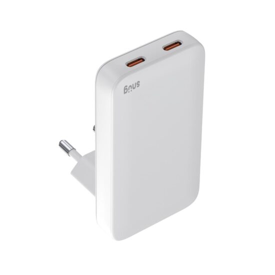 Snug 2 Port PD GaN Slim Wall Charger 65W - White — Charger upright angled view