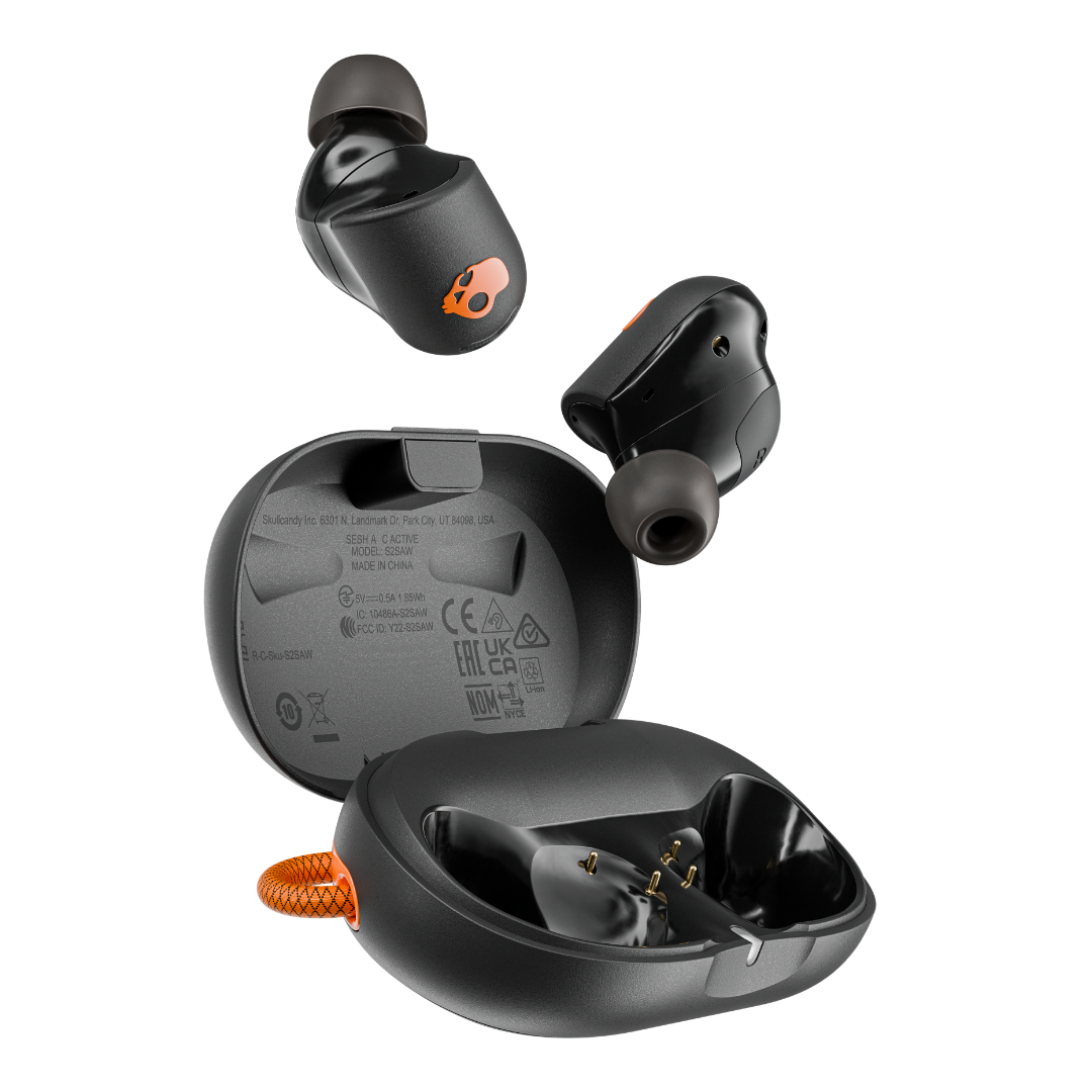 Skullcandy Sesh® ANC Active True Wireless Earbuds – Black/Orange — Earbuds and charging case