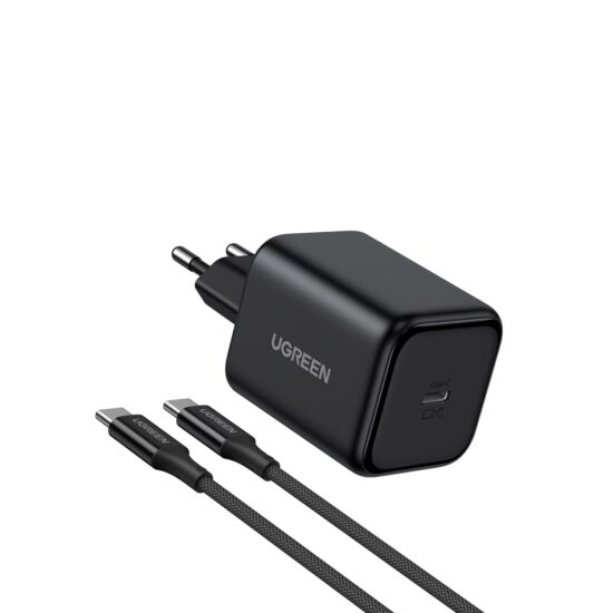 45W UGREEN GaN PD Wall Charger – 1 Port Black — Charger and included cable, angled view