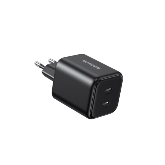 Ugreen - Wall Charger X526 (65058) - 2x USB-C, GaN, Fast Charger, 45W - Black — Charger angled view