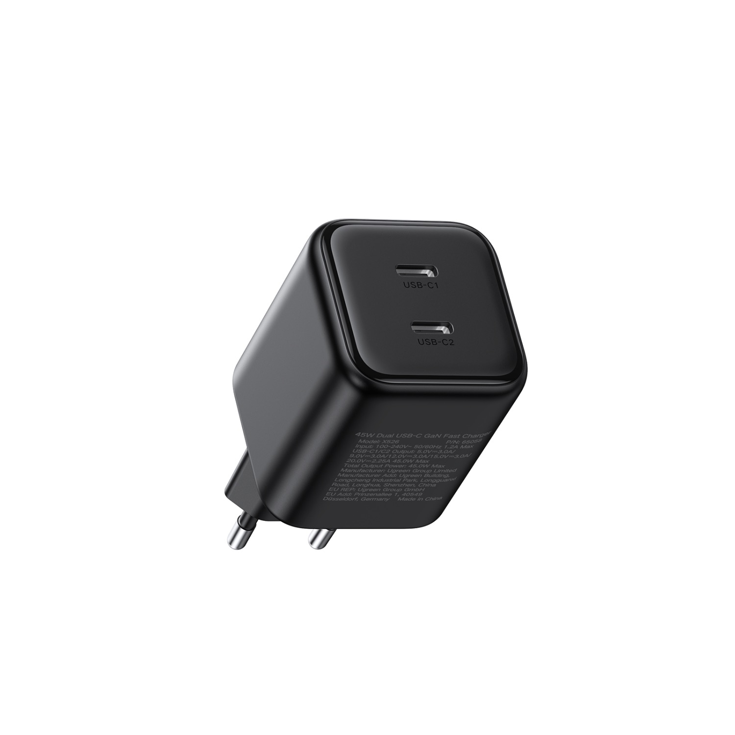 Ugreen - Wall Charger X526 (65058) - 2x USB-C, GaN, Fast Charger, 45W - Black — Charging ports and underside