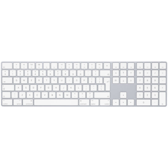 APPLE — Magic Keyboard with Numeric Keypad - International English - Silver,Model A1843 — Magic Keyboard with Numeric Keypad in white, featuring an inverted T arrow key layout, 6-pack of navigation keys, globe and fn key, delete, home, end, page up, page down