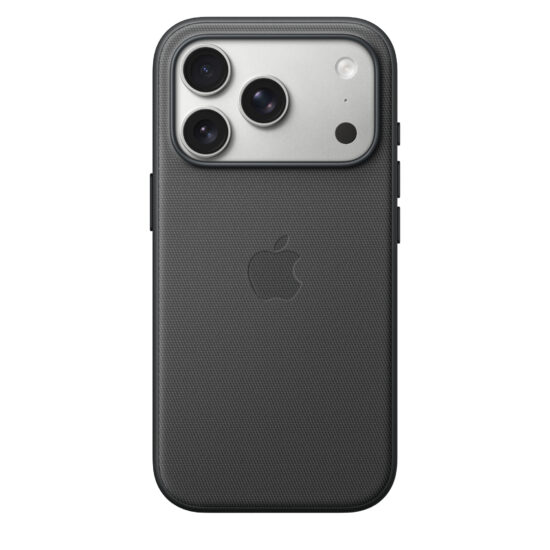 APPLE — iPhone 17 Pro TechWoven Case with MagSafe - Black,Model A3561 — iPhone 17 Pro Tech Woven case in black colour, back exterior, embedded Apple logo in centre, attached to iPhone 17 Pro, silver colour, visible through camera cut out