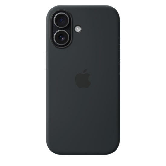 APPLE — iPhone 17 Silicone Case with MagSafe - Black,Model A3558 — iPhone 17 Silicone Case with MagSafe in black colour, back exterior, embedded Apple logo in centre, attached to iPhone 17 in black colour, visible through camera cut out