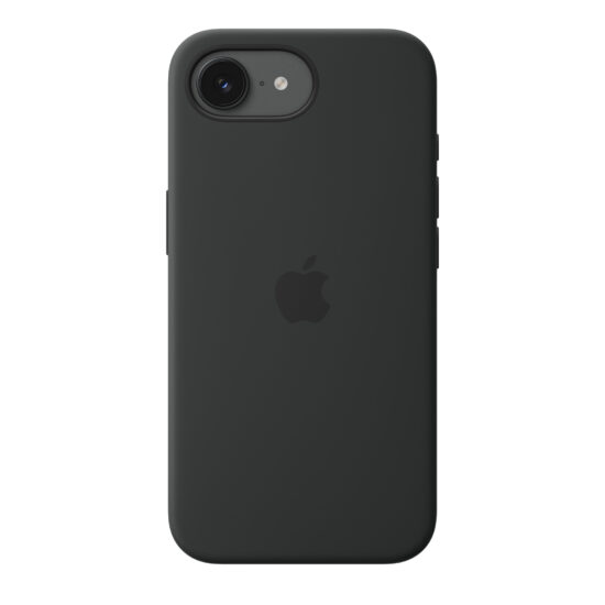 APPLE — iPhone 17e Silicone Case with MagSafe - Black,Model A3646 — iPhone 17e Silicone Case with MagSafe in black colour, back exterior, embedded Apple logo in centre, attached to iPhone 17e in black colour, visible through camera cutout
