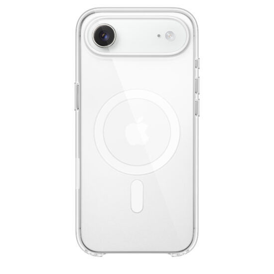 APPLE — iPhone Air Case with MagSafe - Frost,Model A3557 — iPhone Air Case with MagSafe, frost colour, clear case, attached to iPhone Air, cloud white colour, back view, MagSafe ring in white