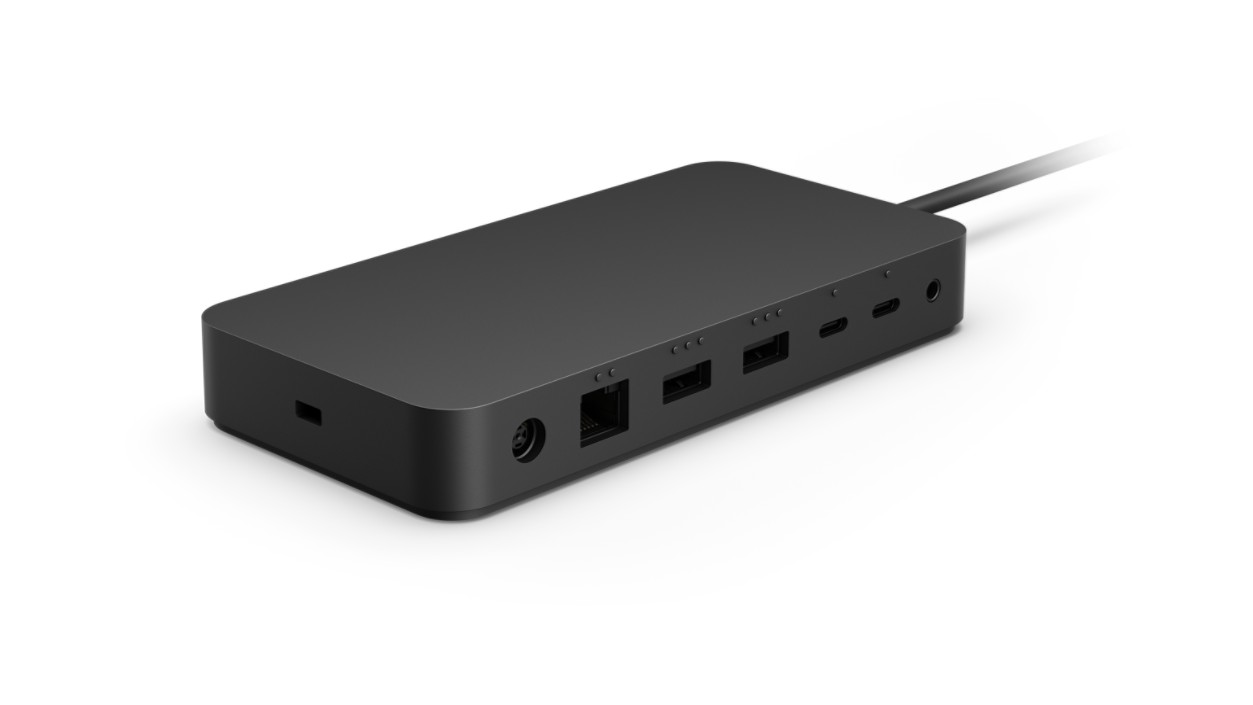 Microsoft Surface Thunderbolt 4 Dock — A close-up view of the rear-facing ports on a Surface Thunderbolt 4 Dock.