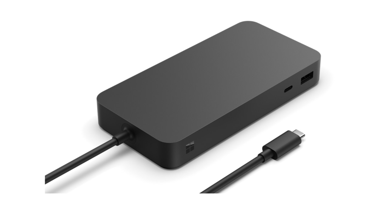 Microsoft Surface Thunderbolt 4 Dock — A close-up view of the front-facing ports and charging cable on a Surface Thunderbolt 4 Dock.
