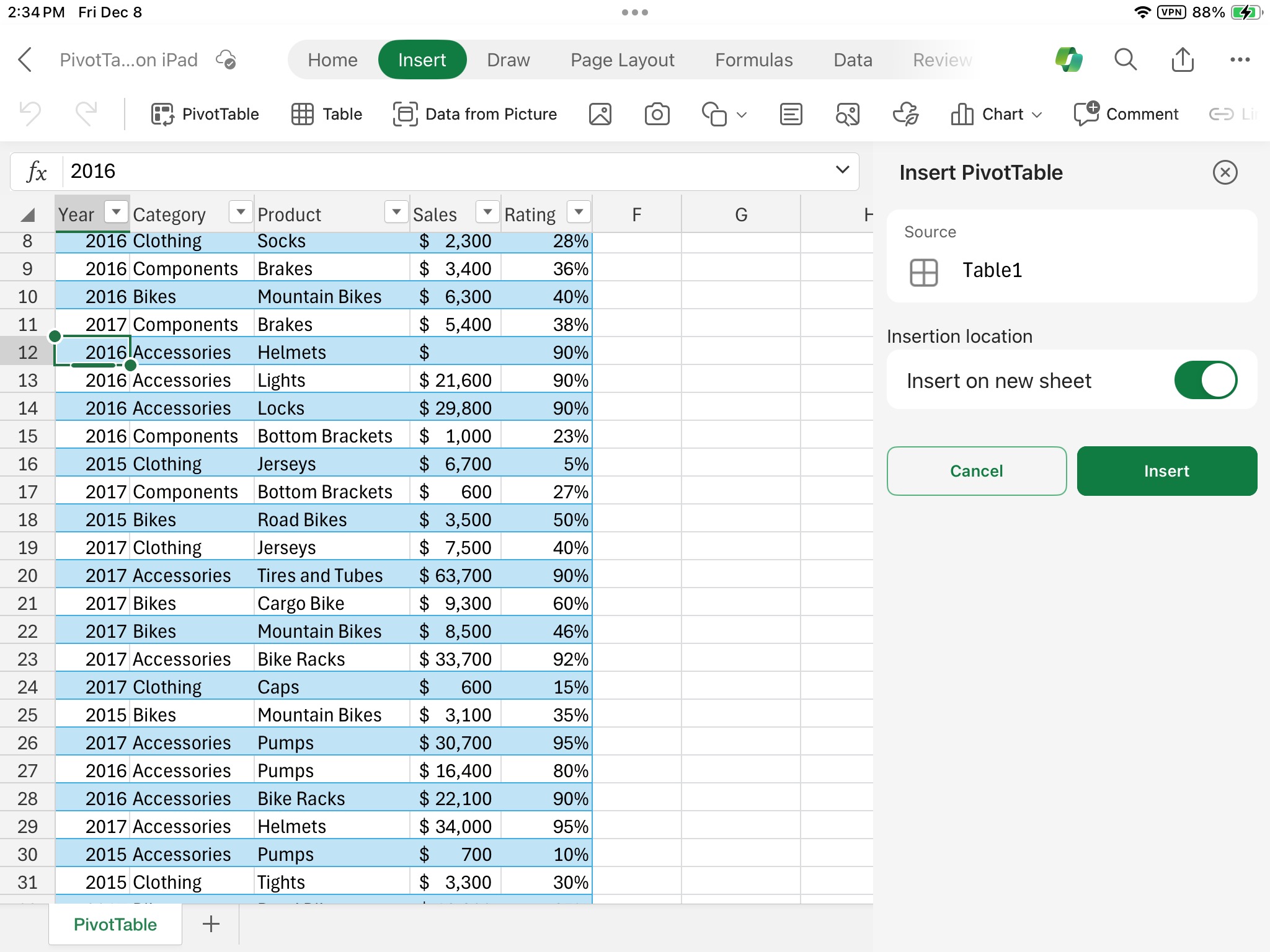 Microsoft Excel for iPad — inserting a PivotTable; software screenshot