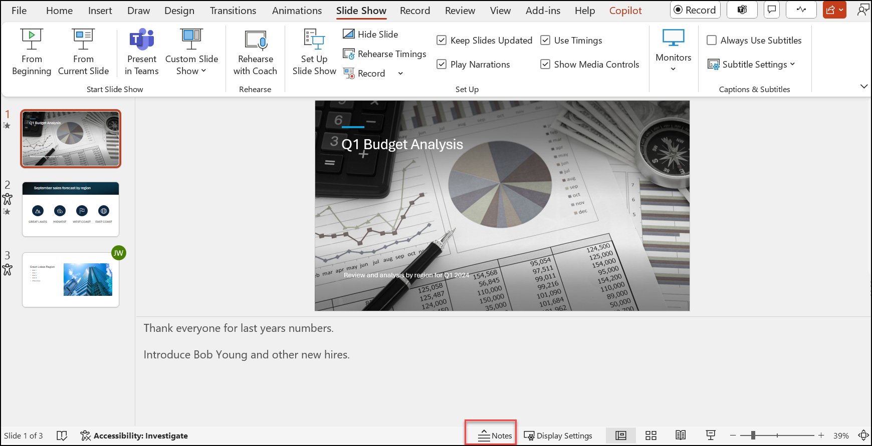 Microsoft PowerPoint for Windows — slide editing with speaker notes; software screenshot