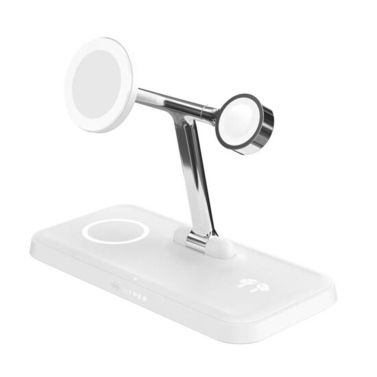 HyperJuice Next Qi2 4-in-1 white charging stand — angled view