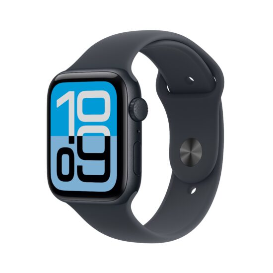 Apple Watch SE 3 GPS 44mm Midnight Aluminium Case with Midnight Sport Band - M/L – angled view
