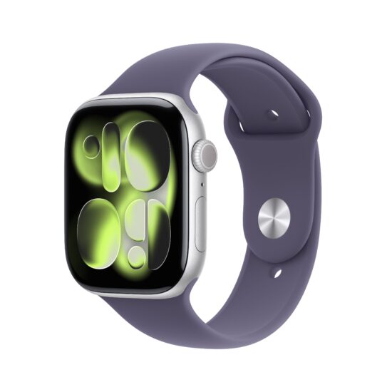 Apple Watch Series 11 GPS 46mm Silver Aluminium Case with Purple Fog Sport Band - M/L – angled view