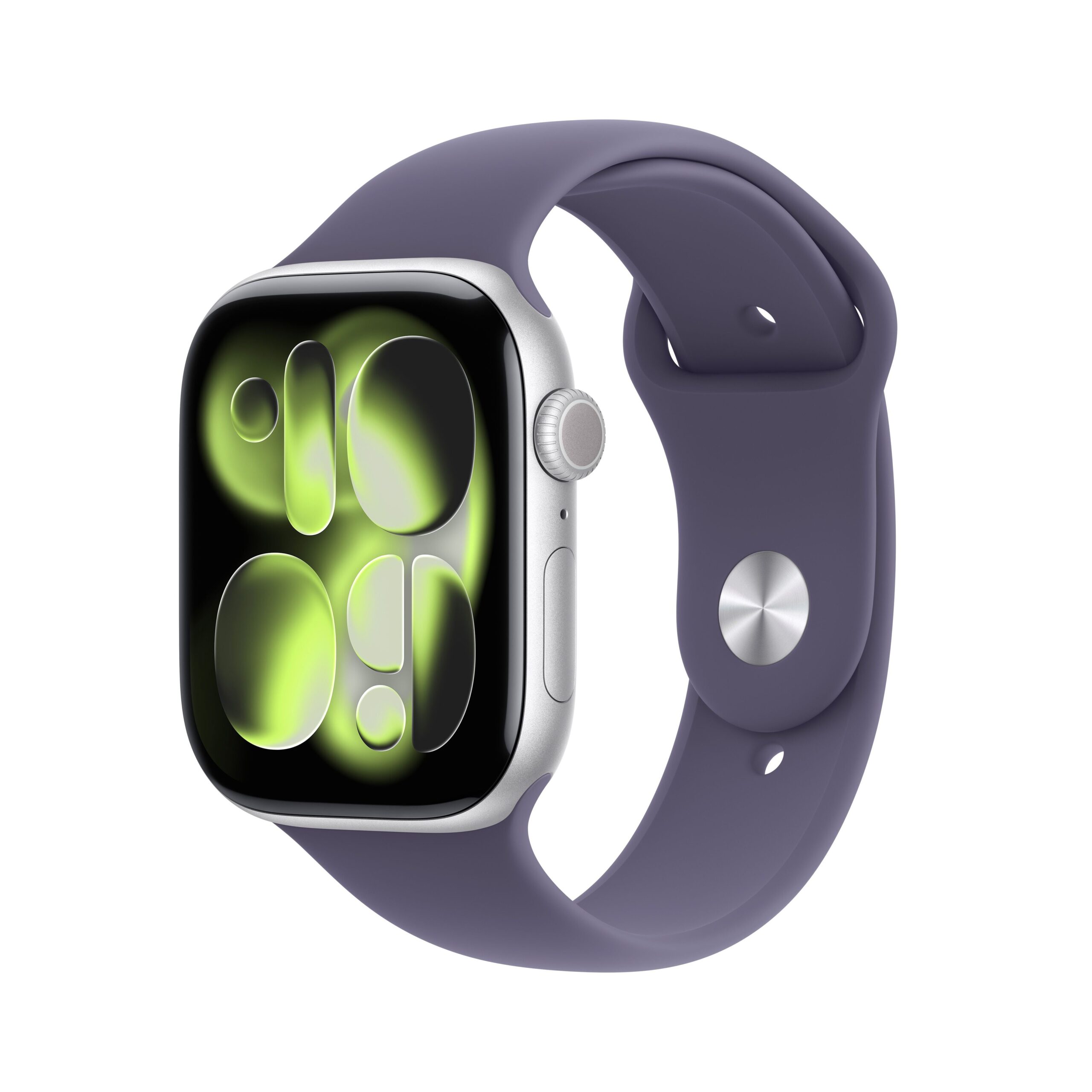 Apple Watch Series 11 GPS 46mm Silver Aluminium Case with Purple Fog Sport Band - M/L – angled view