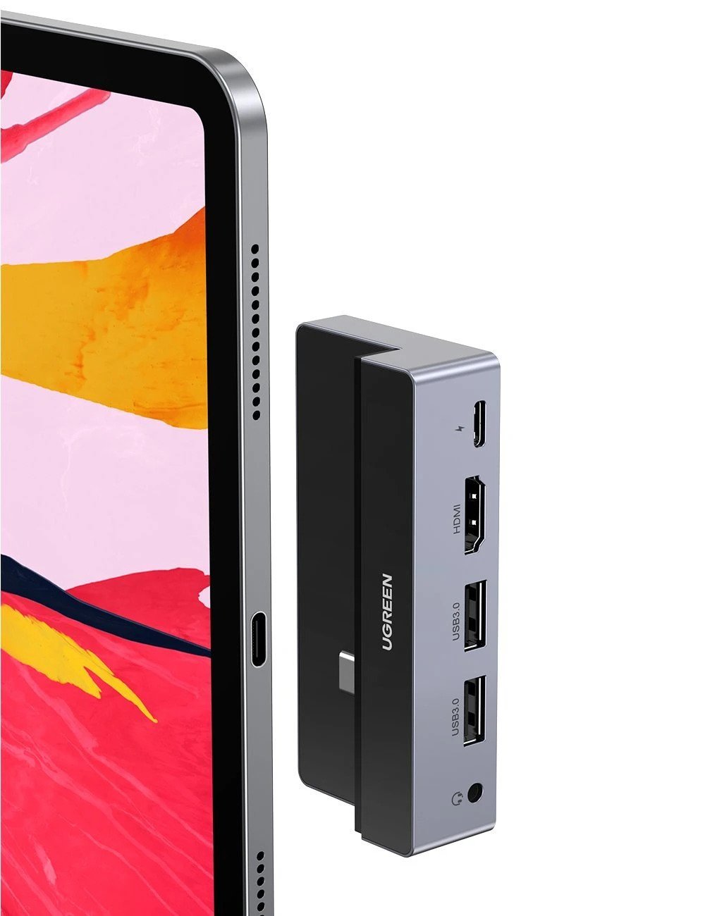 UGREEN CM317 70688 five-in-one USB-C hub connection view beside an iPad; iPad not included