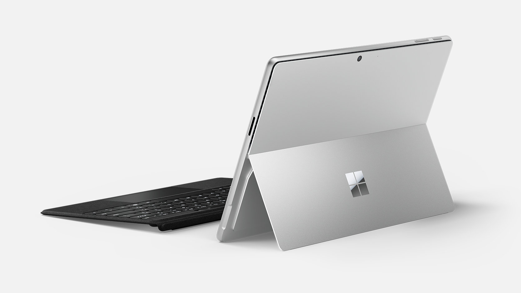 Microsoft Surface Pro for Business 13-inch 11th Edition Snapdragon Platinum rear kickstand view; optional keyboard shown, sold separately