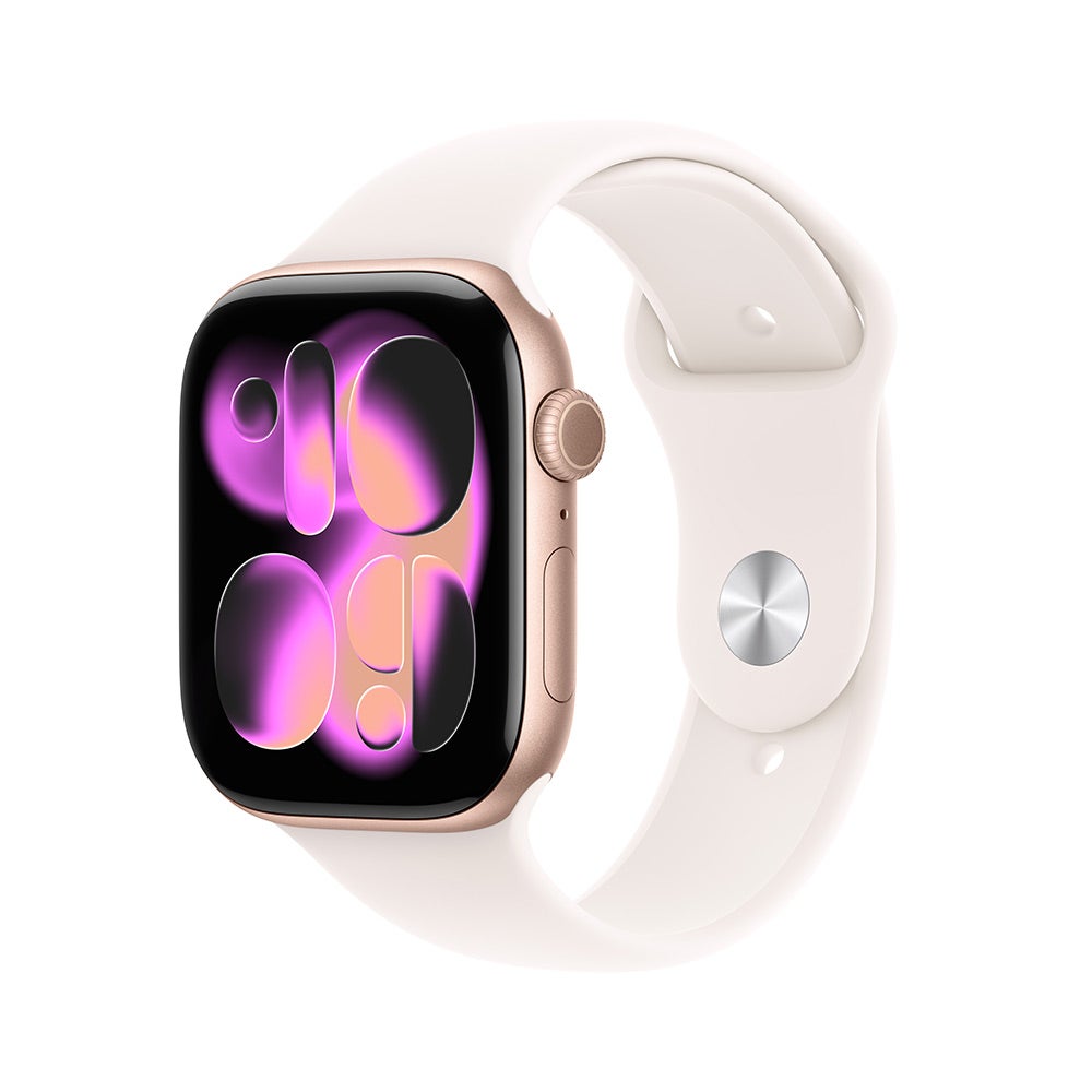Apple Watch Series 11 GPS + Cellular 42mm Rose Gold with Light Blush Sport Band M/L MF8F4AF/A - angled view