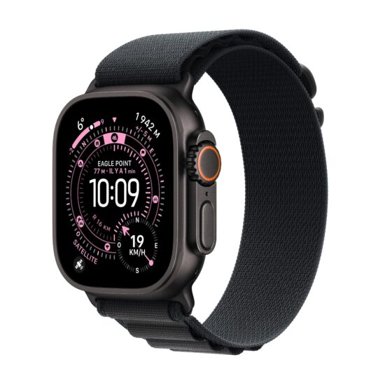 Apple Watch Ultra 3 GPS + Cellular 49mm Black Titanium with Black Alpine Loop - angled view