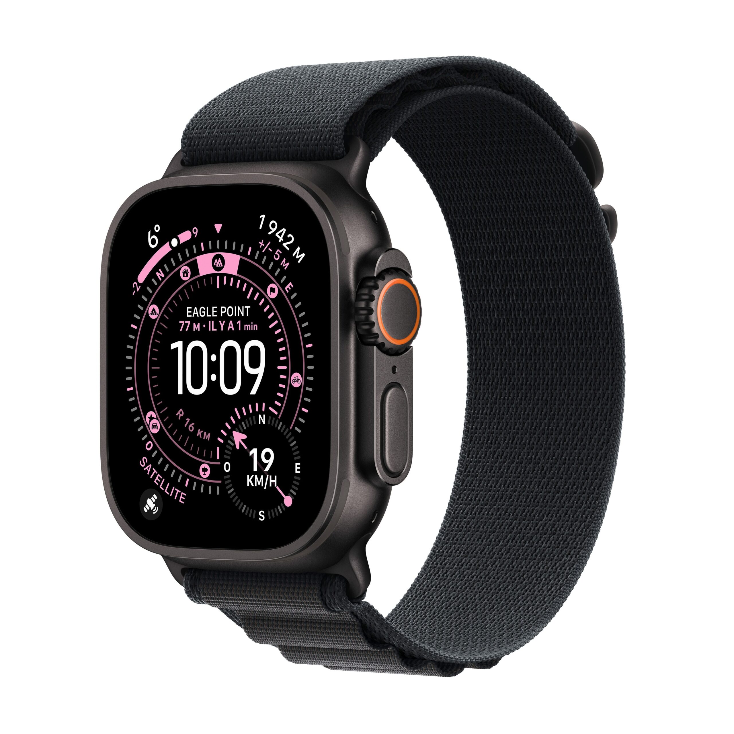 Apple Watch Ultra 3 GPS + Cellular 49mm Black Titanium with Black Alpine Loop - angled view