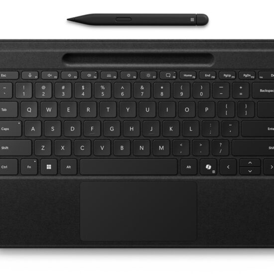 Black Surface Pro Flex Keyboard with included Slim Pen, overhead view