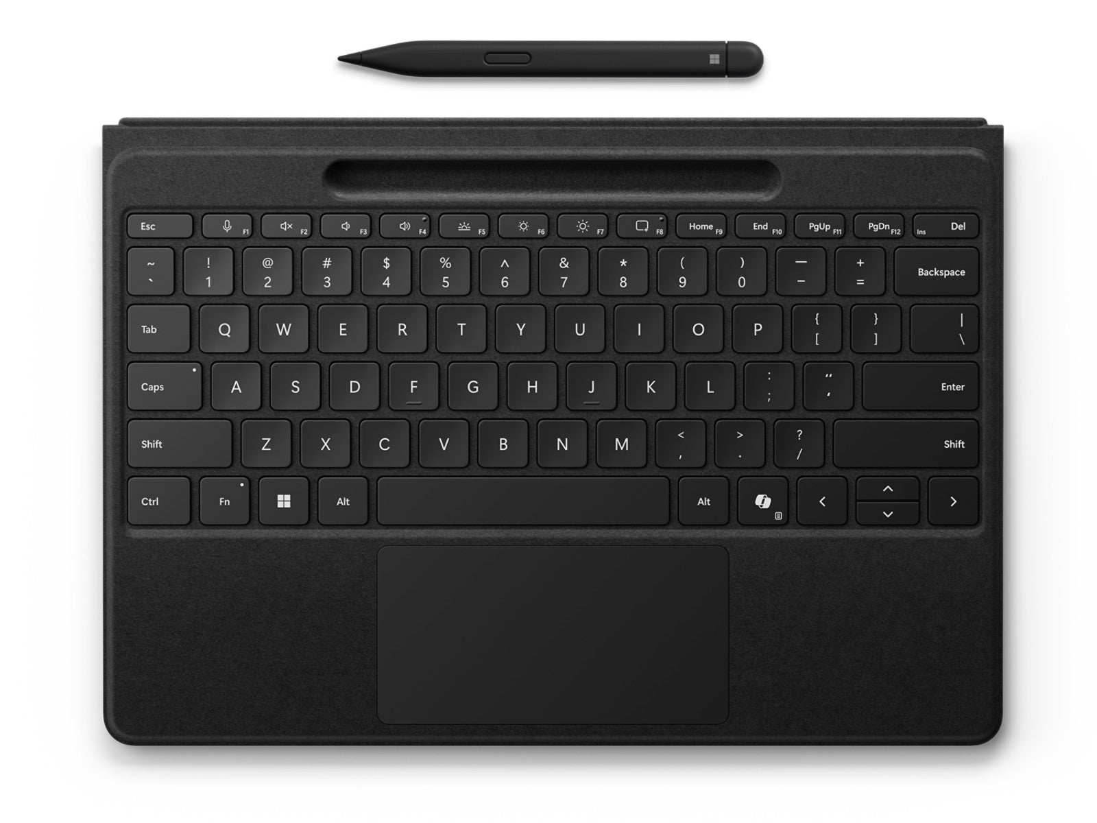 Black Surface Pro Flex Keyboard with included Slim Pen, overhead view